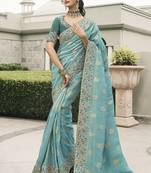 Turquoise silk heavy embroidered wedding saree