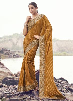 Mustard zari weaving heavy embroidered wedding saree 1
