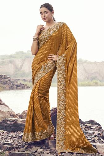 Mustard zari weaving heavy embroidered wedding saree