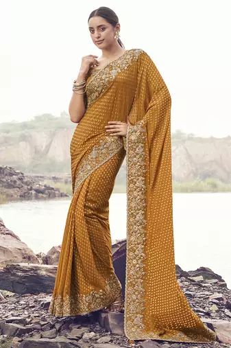 Mustard zari weaving heavy embroidered wedding saree