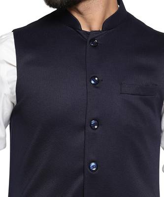 Men blue textured nehru jacket 5