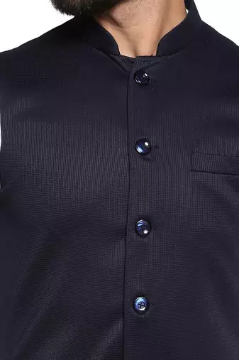 Men blue textured nehru jacket