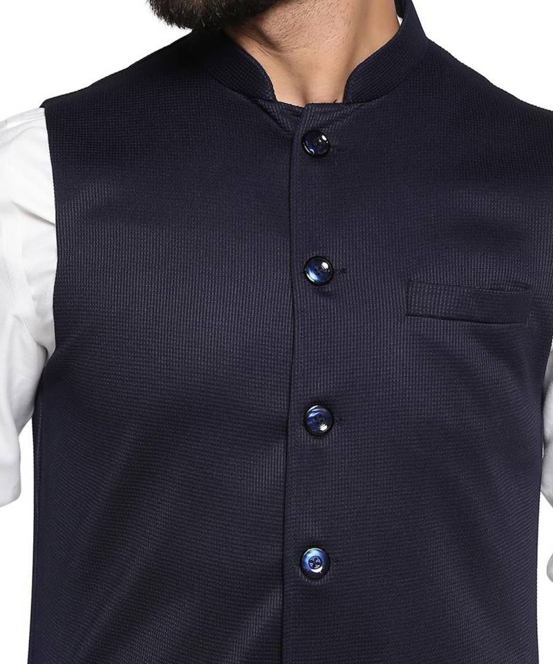 Men blue textured nehru jacket