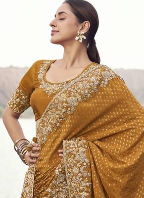 Mustard zari weaving heavy embroidered wedding saree 2
