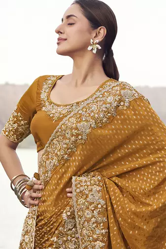 Mustard zari weaving heavy embroidered wedding saree