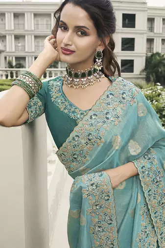 Turquoise silk heavy embroidered wedding saree