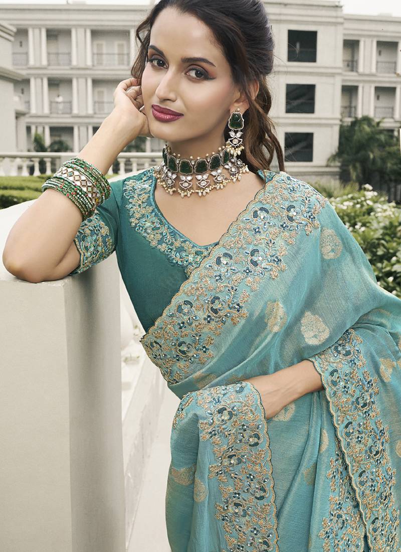 Turquoise silk heavy embroidered wedding saree