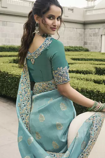 Turquoise silk heavy embroidered wedding saree