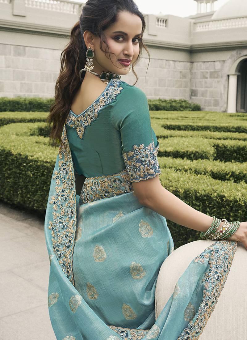 Turquoise silk heavy embroidered wedding saree