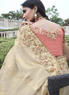 Cream silk heavy embroidered wedding saree 3