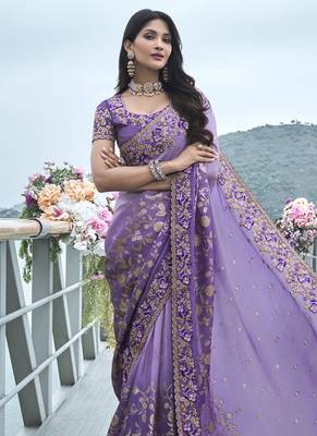 Purple silk heavy embroidered wedding saree 1