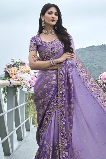 Purple silk heavy embroidered wedding saree