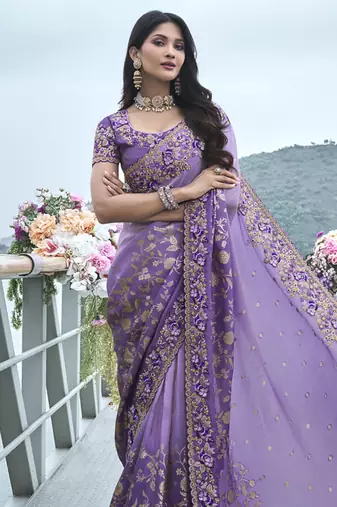 Purple silk heavy embroidered wedding saree