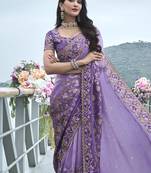Purple silk heavy embroidered wedding saree