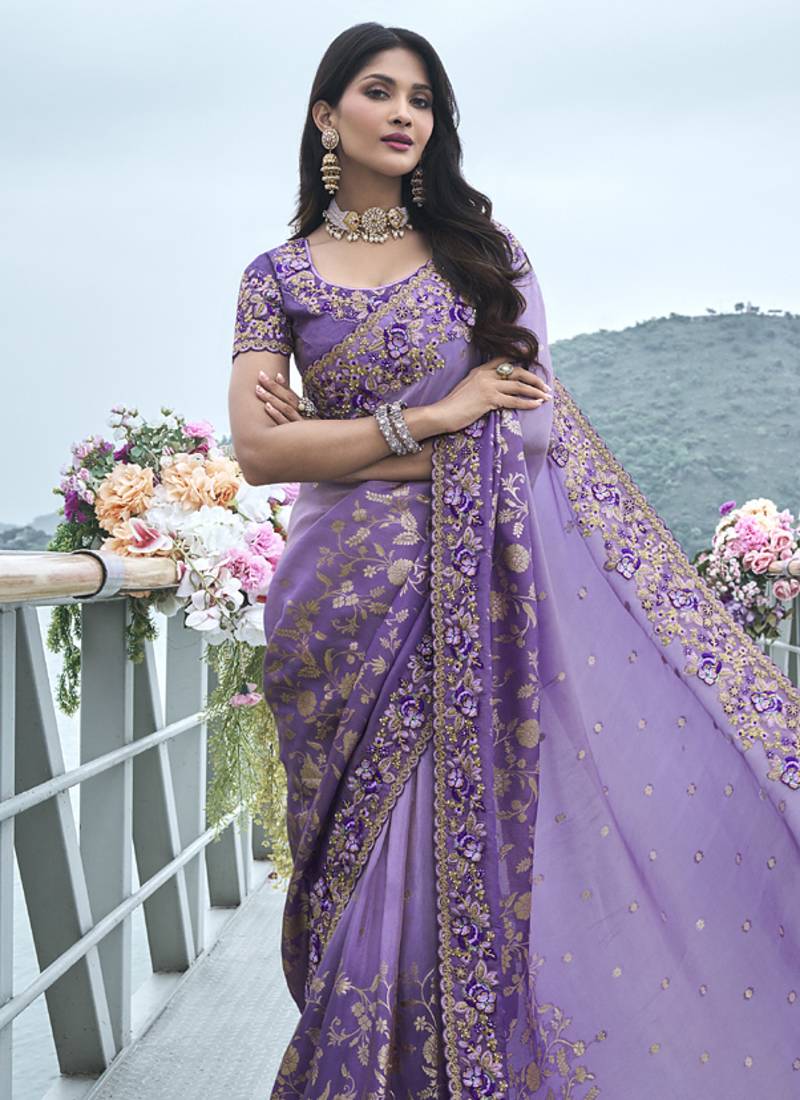 Purple silk heavy embroidered wedding saree