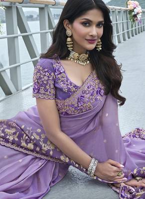 Purple silk heavy embroidered wedding saree 2