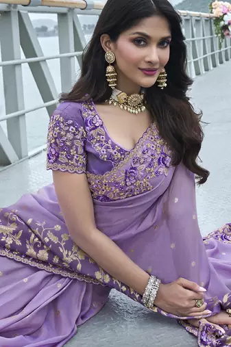 Purple silk heavy embroidered wedding saree