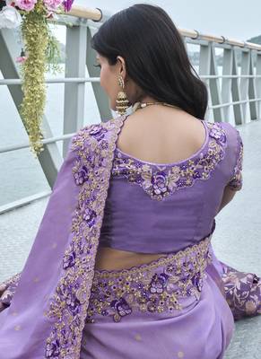 Purple silk heavy embroidered wedding saree 3