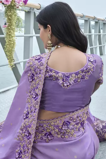 Purple silk heavy embroidered wedding saree