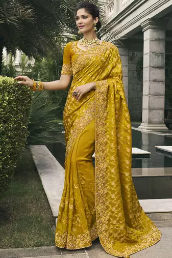 Gold silk heavy embroidered wedding saree