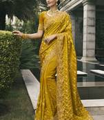 Gold silk heavy embroidered wedding saree