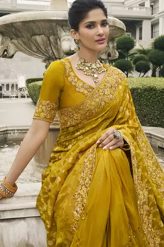 Gold silk heavy embroidered wedding saree