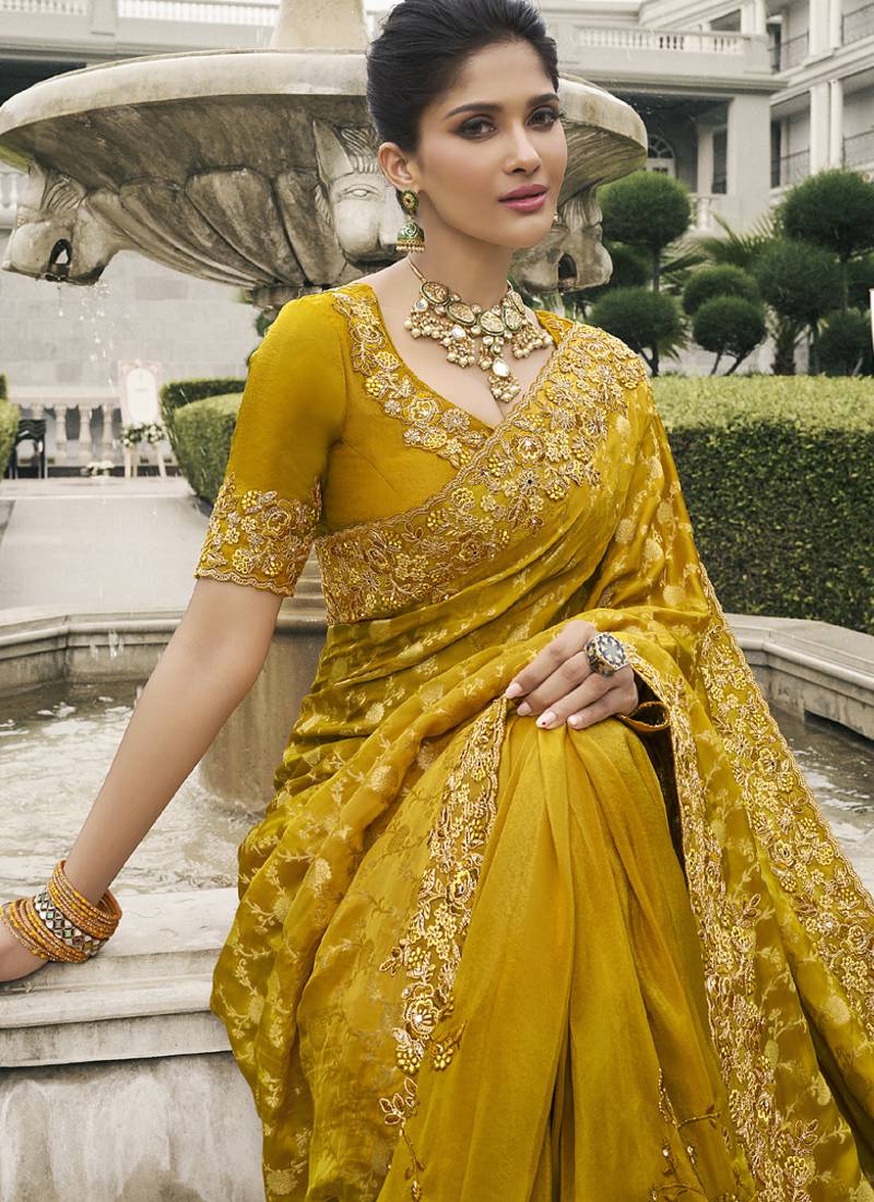 Gold silk heavy embroidered wedding saree