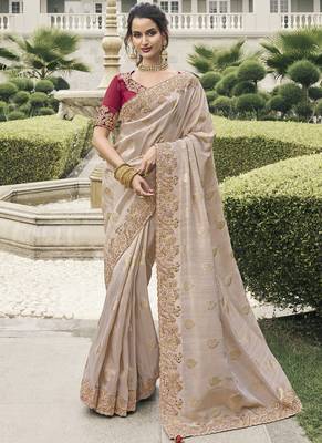 Beige silk heavy embroidered wedding saree 1