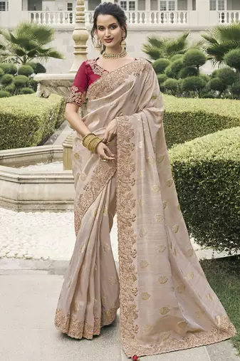 Beige silk heavy embroidered wedding saree