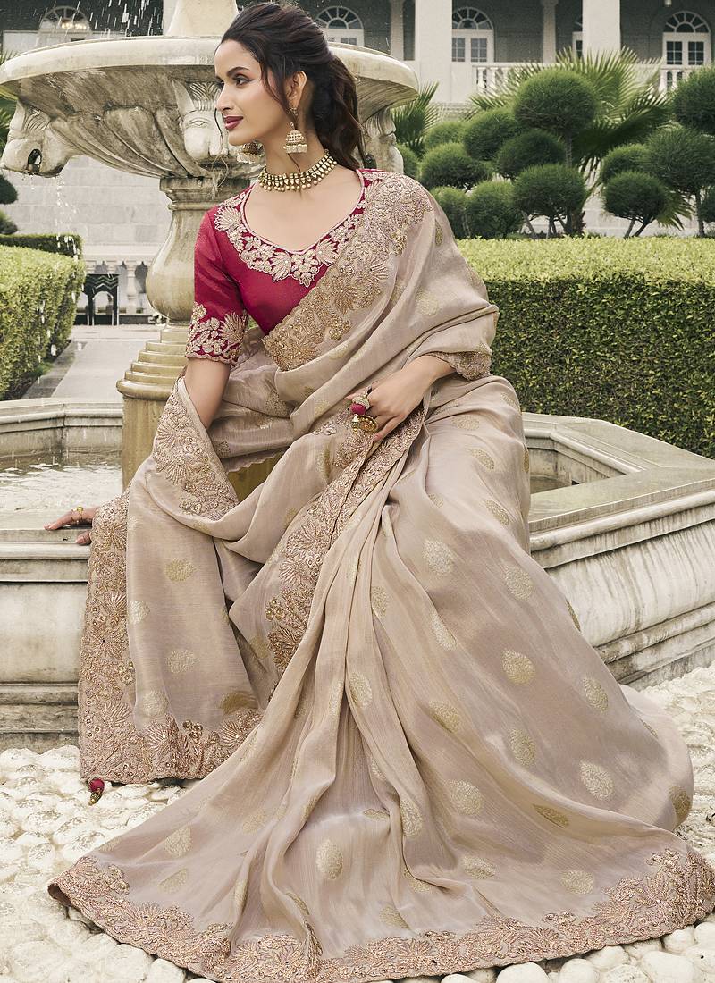 Beige silk heavy embroidered wedding saree
