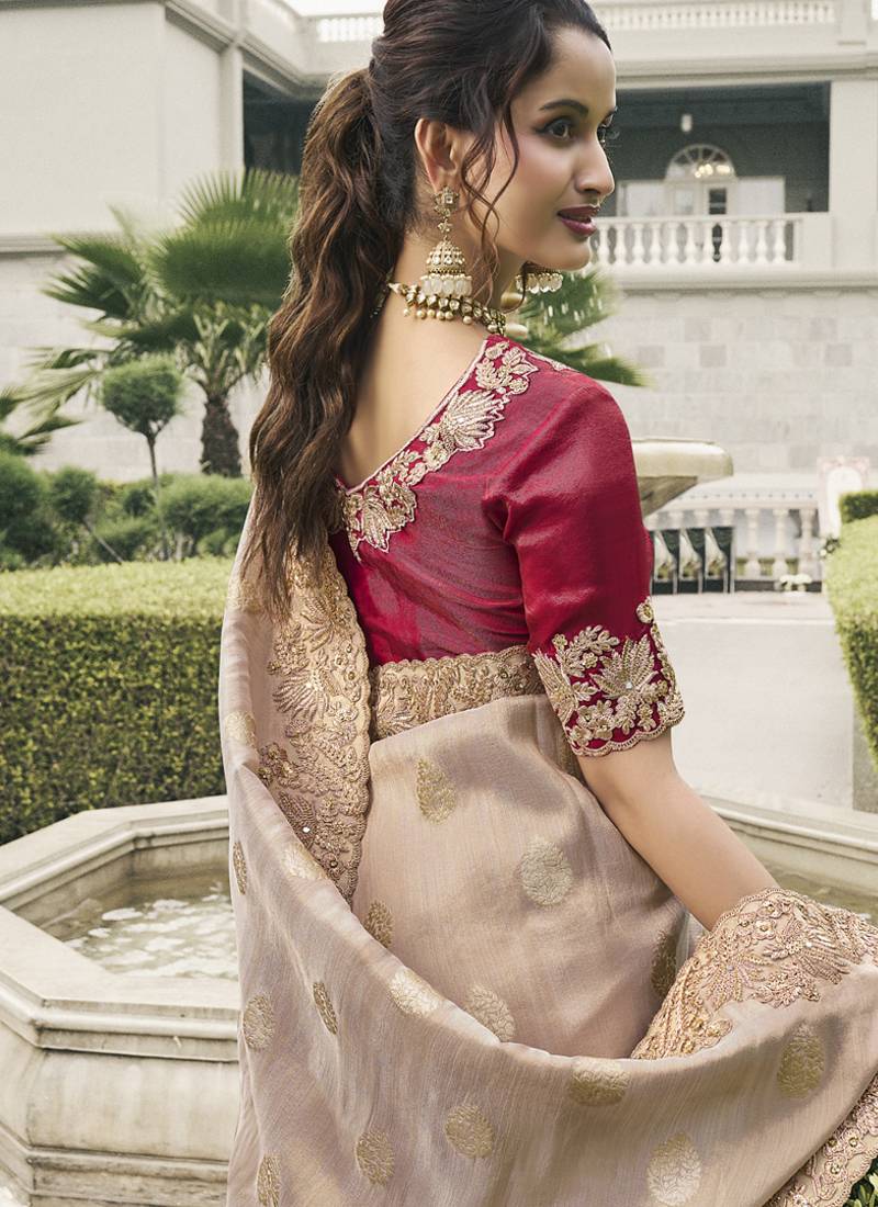Beige silk heavy embroidered wedding saree
