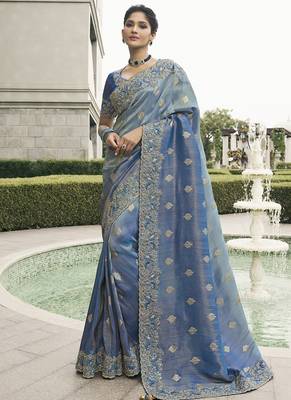 Light-blue silk heavy embroidered wedding saree 1