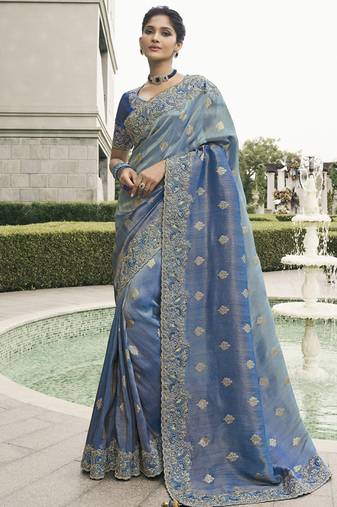 Light-blue silk heavy embroidered wedding saree