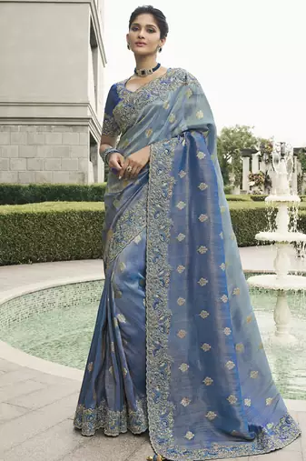 Light-blue silk heavy embroidered wedding saree