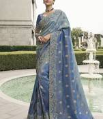 Light-blue silk heavy embroidered wedding saree