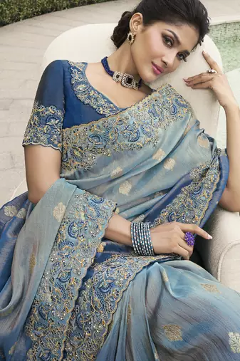 Light-blue silk heavy embroidered wedding saree
