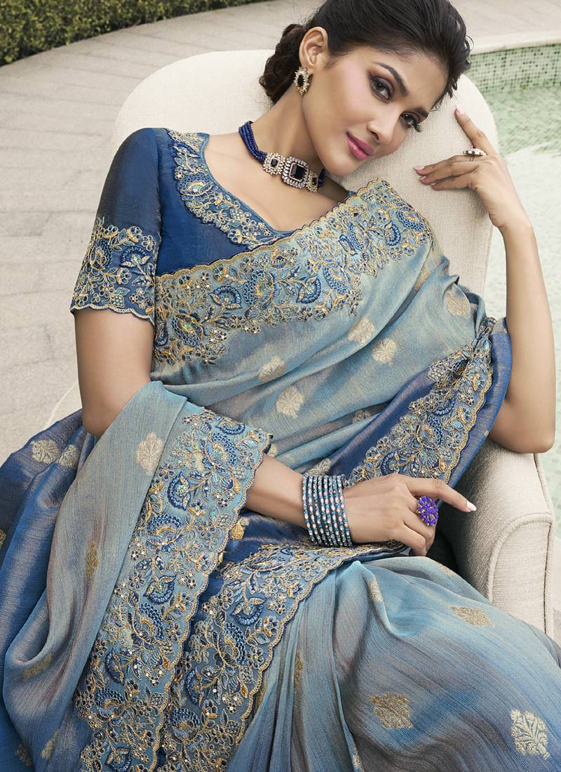 Light-blue silk heavy embroidered wedding saree