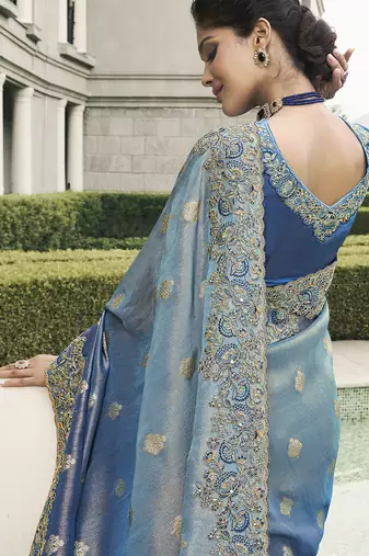 Light-blue silk heavy embroidered wedding saree