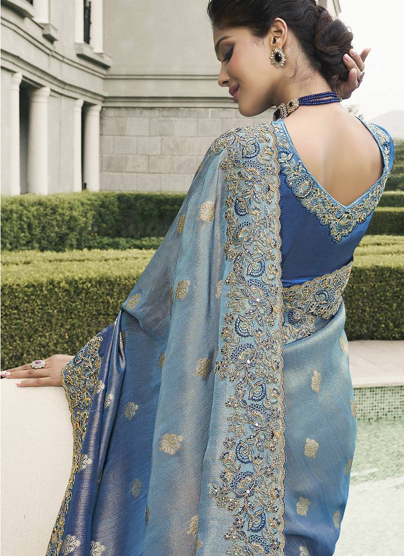 Light-blue silk heavy embroidered wedding saree