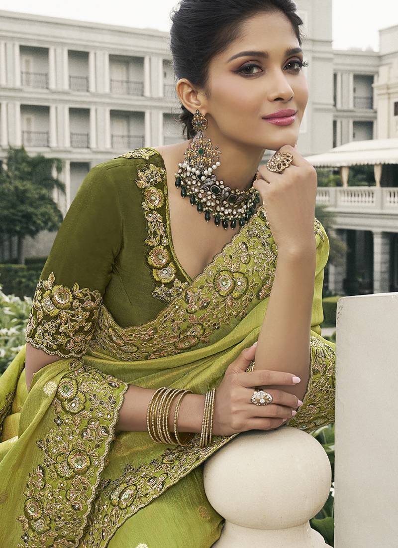 Green silk heavy embroidered wedding saree