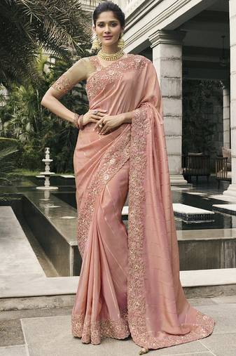 Peach silk heavy embroidered wedding saree