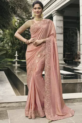 Peach silk heavy embroidered wedding saree