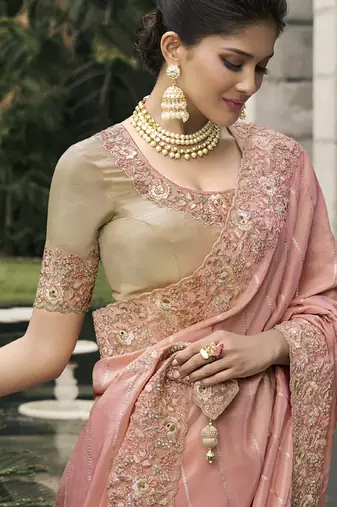 Peach silk heavy embroidered wedding saree