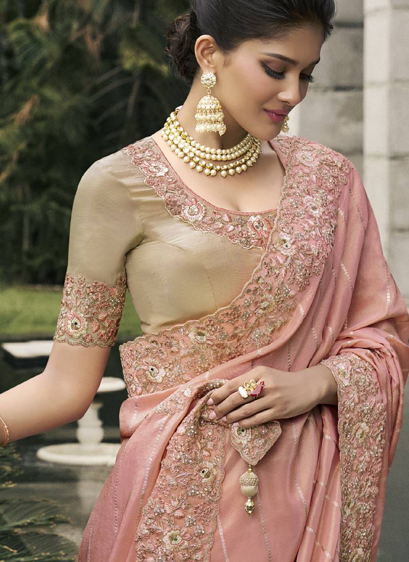 Peach silk heavy embroidered wedding saree