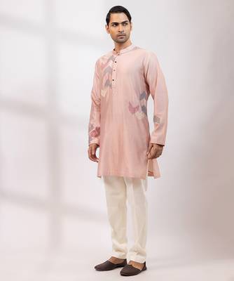 Peach pink embroidered chanderi silk kurta set 1