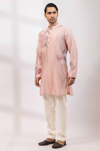 Peach pink embroidered chanderi silk kurta set