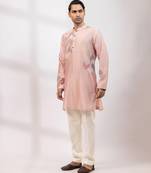 Peach pink embroidered chanderi silk kurta set