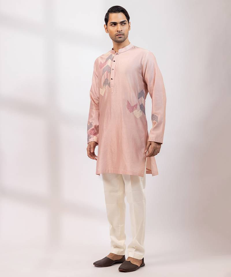 Peach pink embroidered chanderi silk kurta set