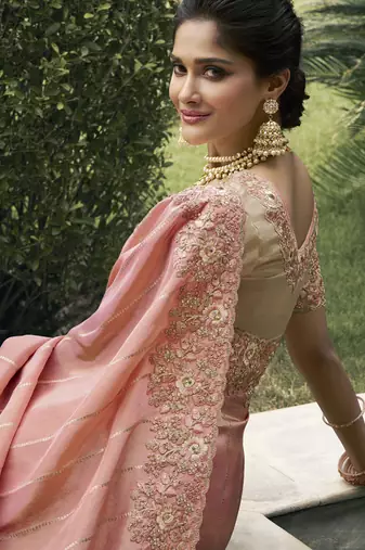 Peach silk heavy embroidered wedding saree