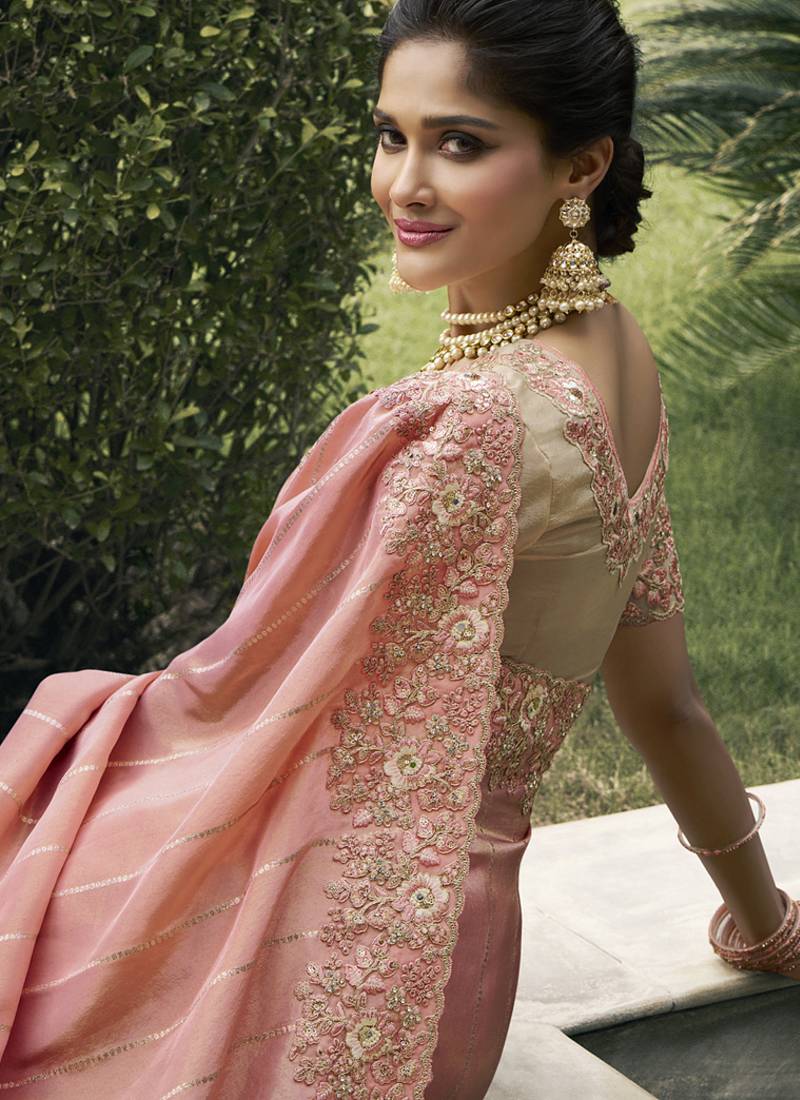 Peach silk heavy embroidered wedding saree